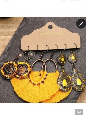 🆕️💛 3 PAIR SET SUNSHINE YELLOW BOHO EARRINGS - BRONZE-TONE 💛